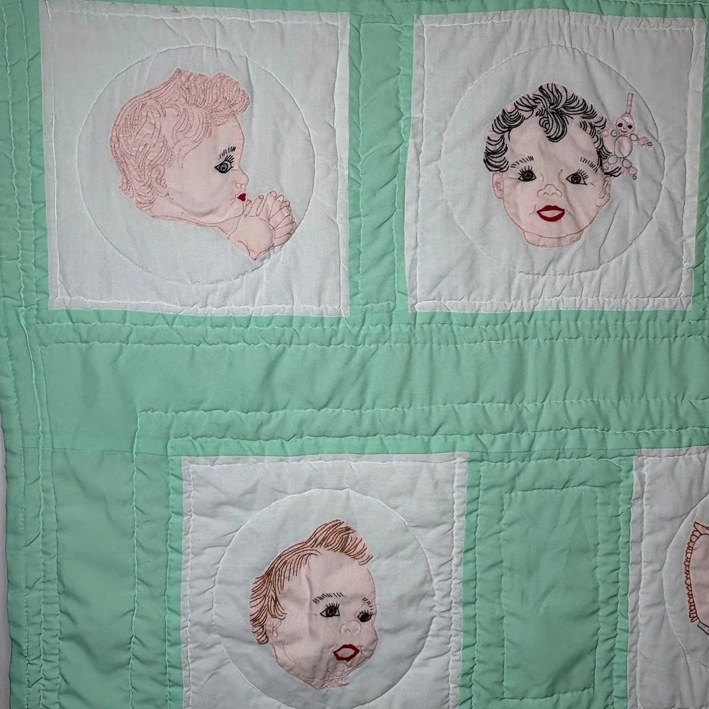 Vtg Kitsch Baby Face Quilt Hand Embroidered Mint Green Mid Century Nursery Boho